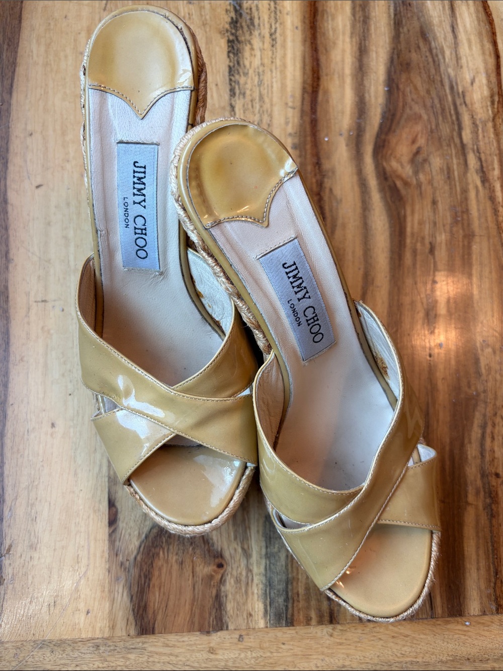 Jimmy Choo Yellow Patent Leather Crisscross Wedge Mules